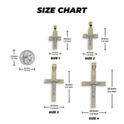 Size chart comparing four 10k or 14k gold Hermo iced crucifix pendants to a US quarter.