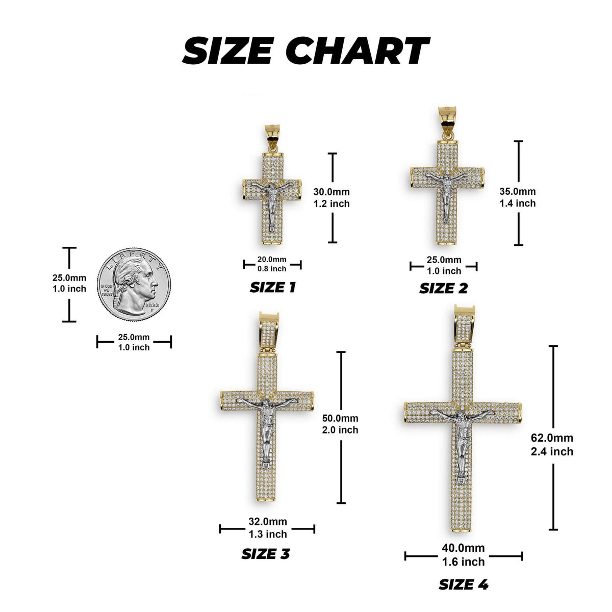 Size chart comparing four 10k or 14k gold Hermo iced crucifix pendants to a US quarter.