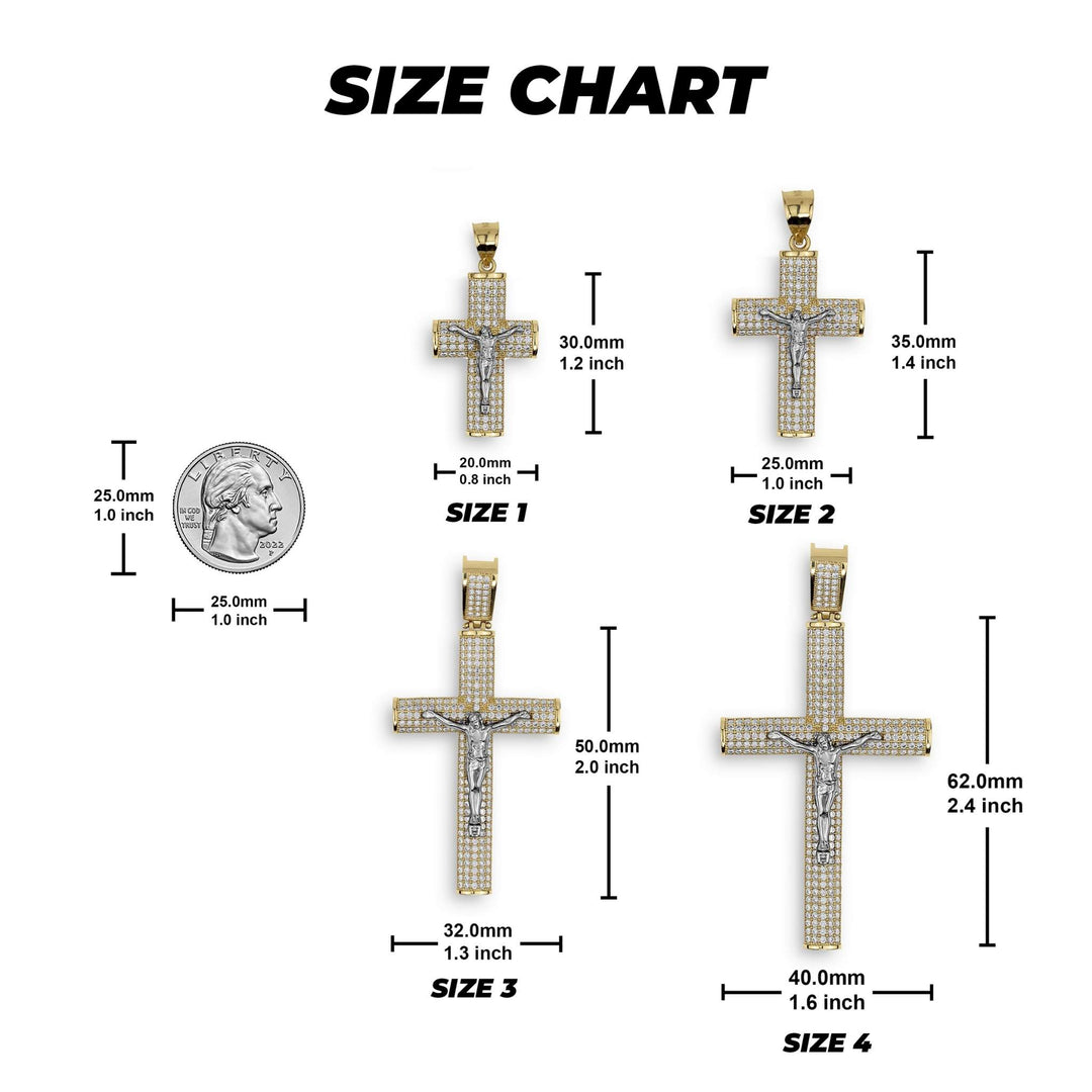 Size chart graphic showing four gold crucifix pendants labeled Size 1–4, with width, height, and coin scale.