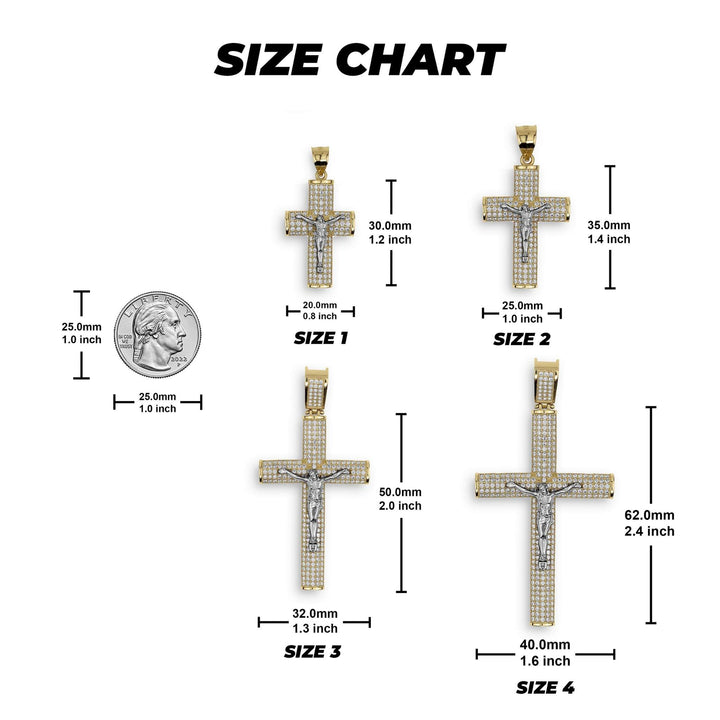 Size chart graphic showing four gold crucifix pendants labeled Size 1–4, with width, height, and coin scale.