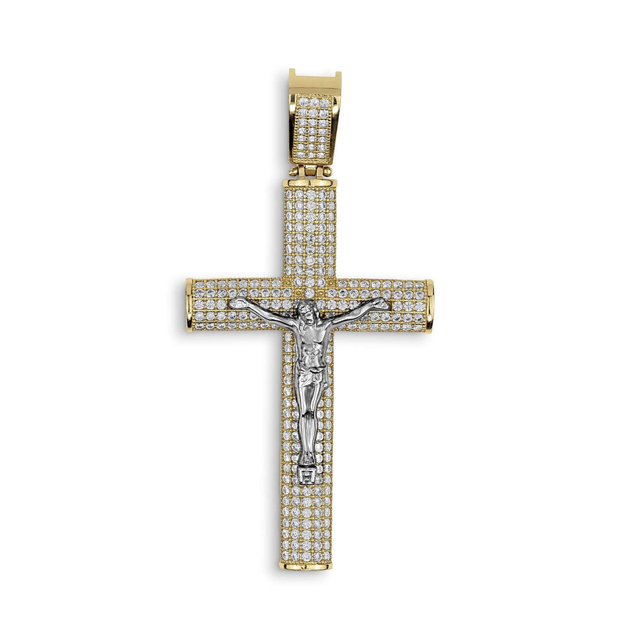 yellow gold cross pendant covered in cubic zirconia, featuring a detailed white gold crucifix center.