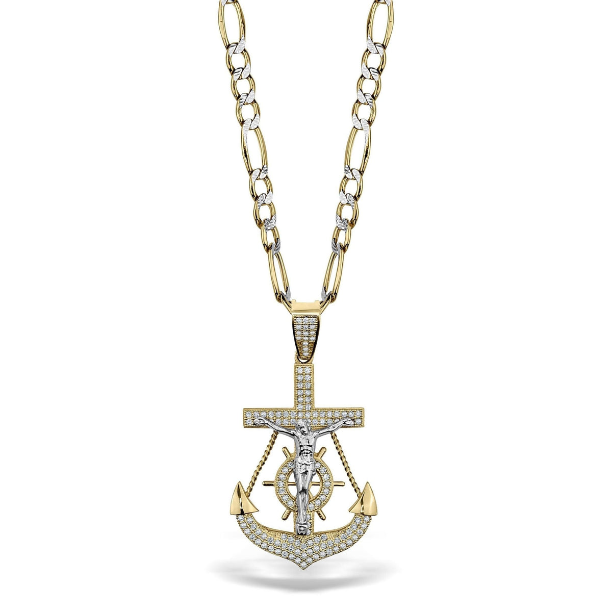 Two-tone gold anchor crucifix pendant featuring a ship steering wheel and cubic zirconia detailing.