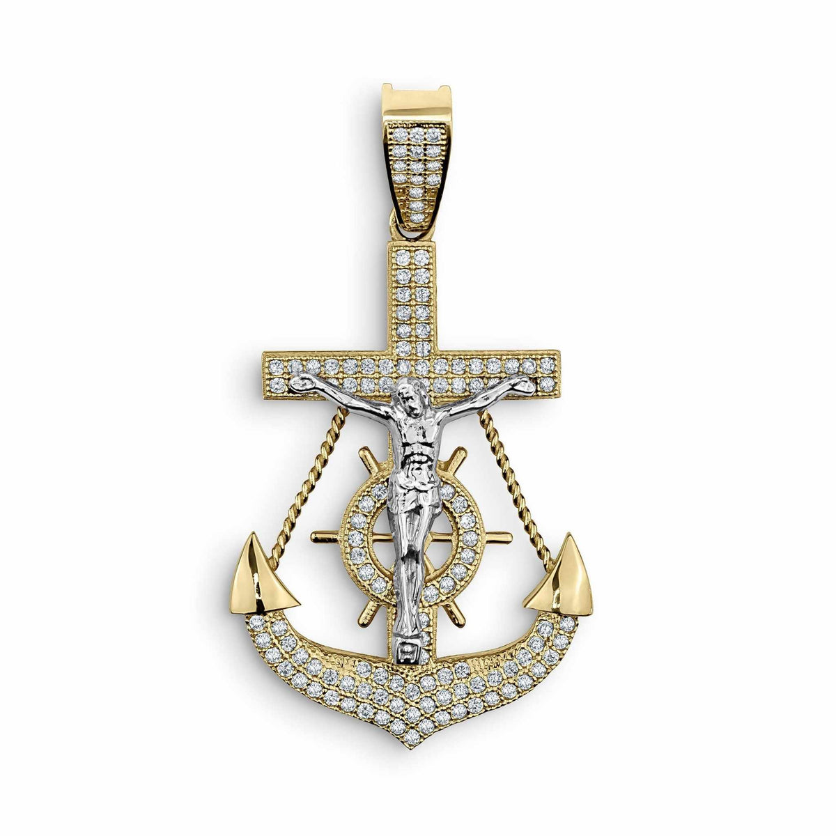 Gold anchor crucifix pendant with white gold Jesus figure and cubic zirconia on white background.