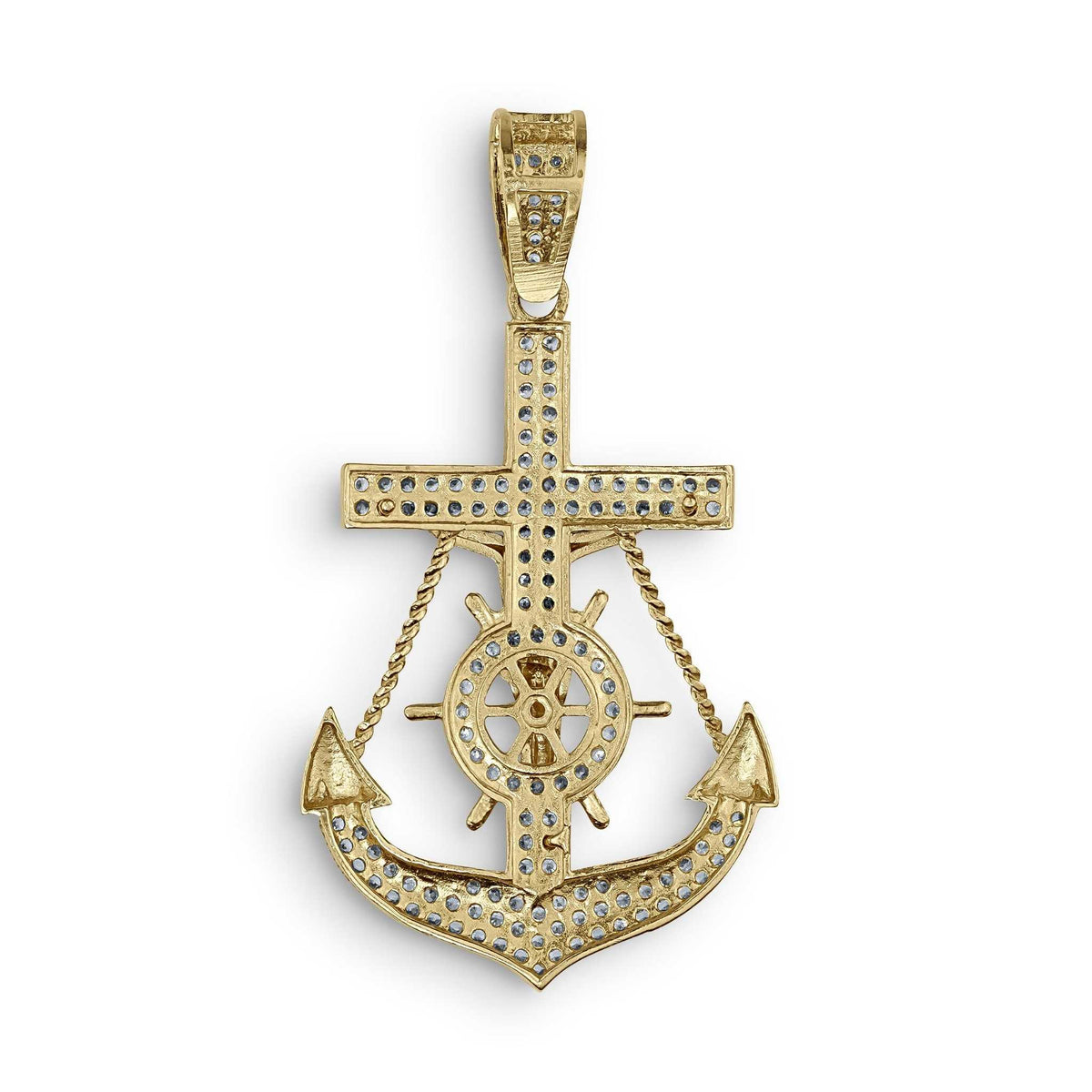 Reverse view of gold anchor crucifix pendant showing solid back structure and textured design.
