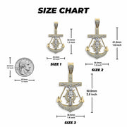 Size chart showing three gold anchor crucifix pendants with dimensions and a US quarter.