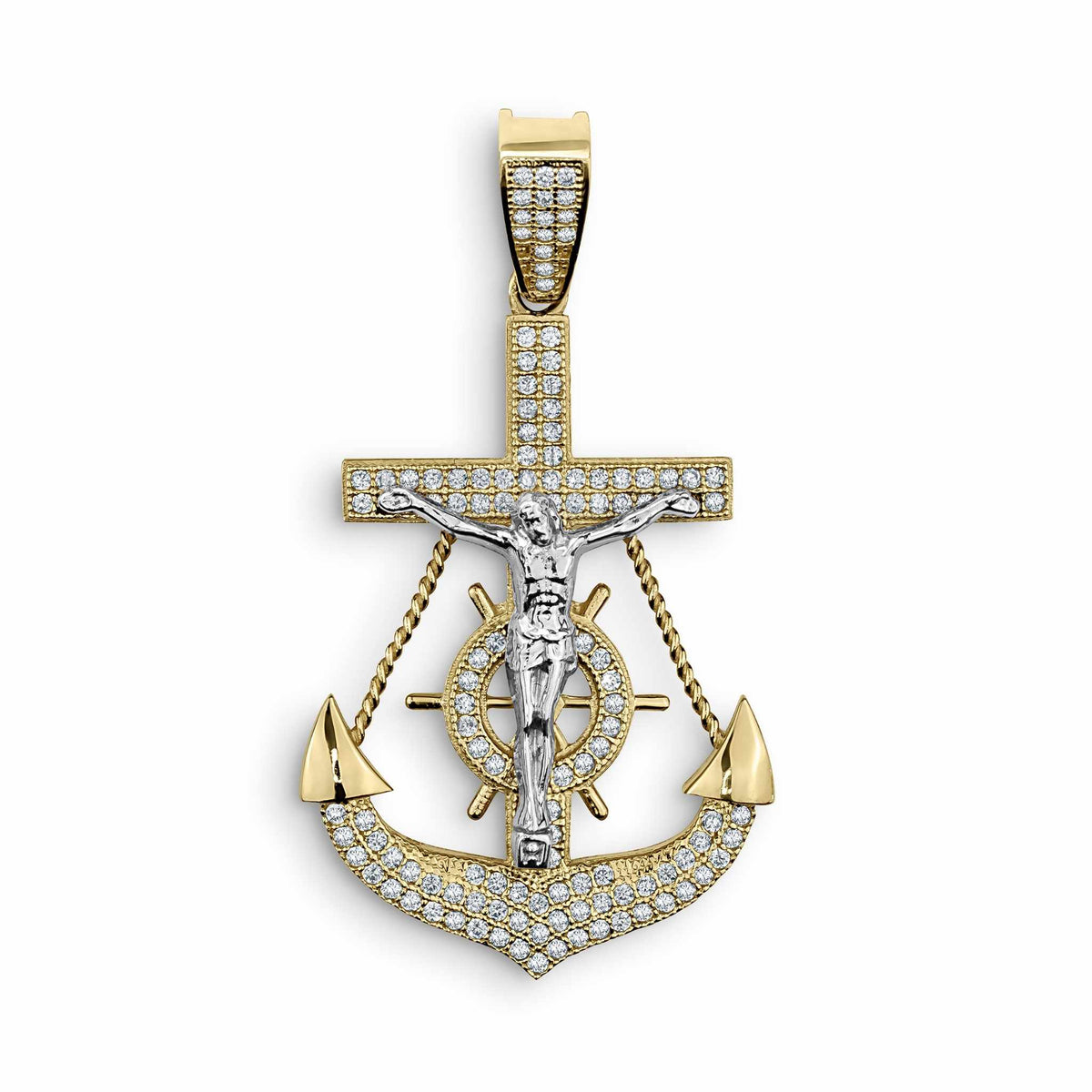 wo-tone gold crucifix and anchor pendant adorned with sparkling pavé cubic zirconia stones.