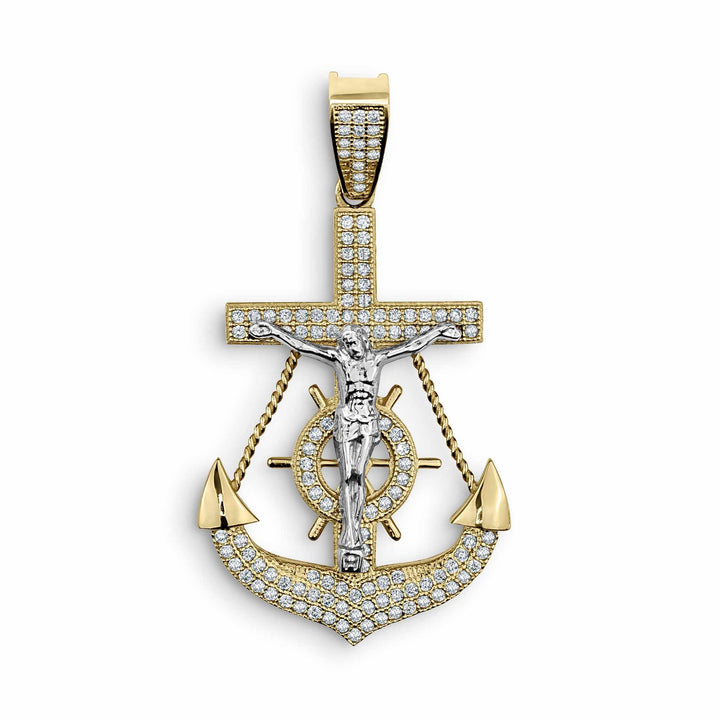 wo-tone gold crucifix and anchor pendant adorned with sparkling pavé cubic zirconia stones.