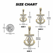 Size chart displaying measurements and three scales of the iced anchor crucifix pendant.
