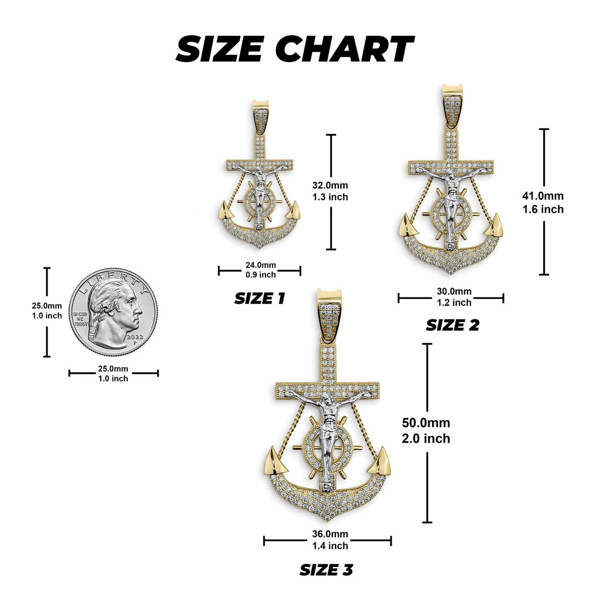 Size chart displaying measurements and three scales of the iced anchor crucifix pendant.