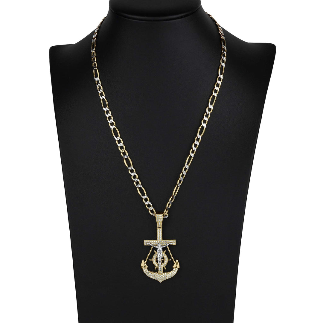 Gold anchor and crucifix pendant necklace displayed on a black mannequin bust.