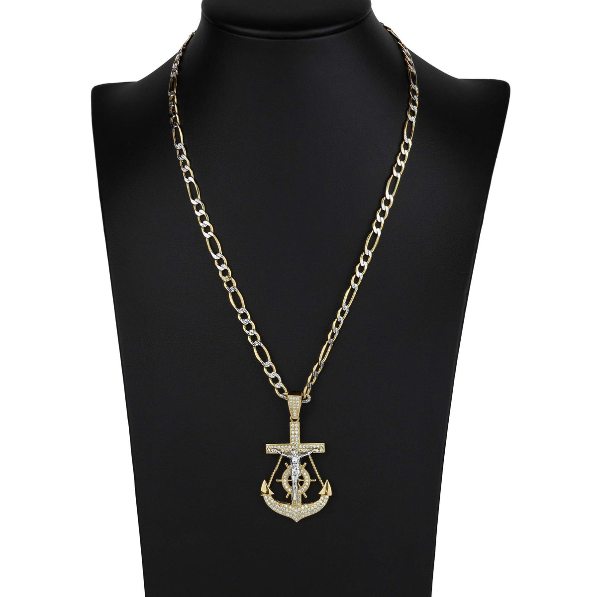 Gold anchor and crucifix pendant necklace displayed on a black mannequin bust.