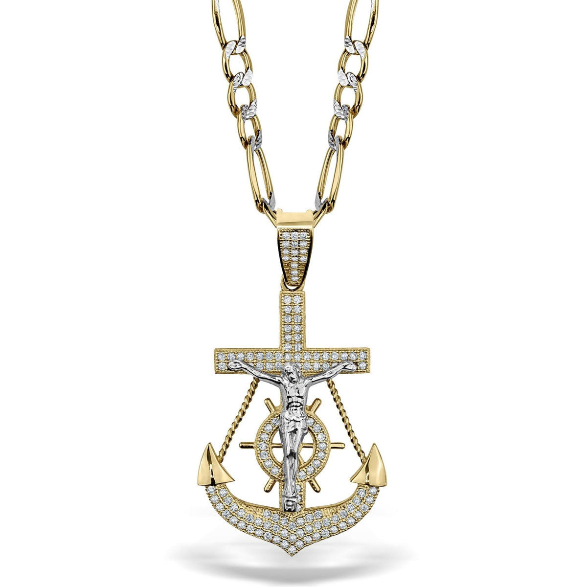 Two-tone gold crucifix and anchor pendant paved with sparkling cubic zirconia stones.