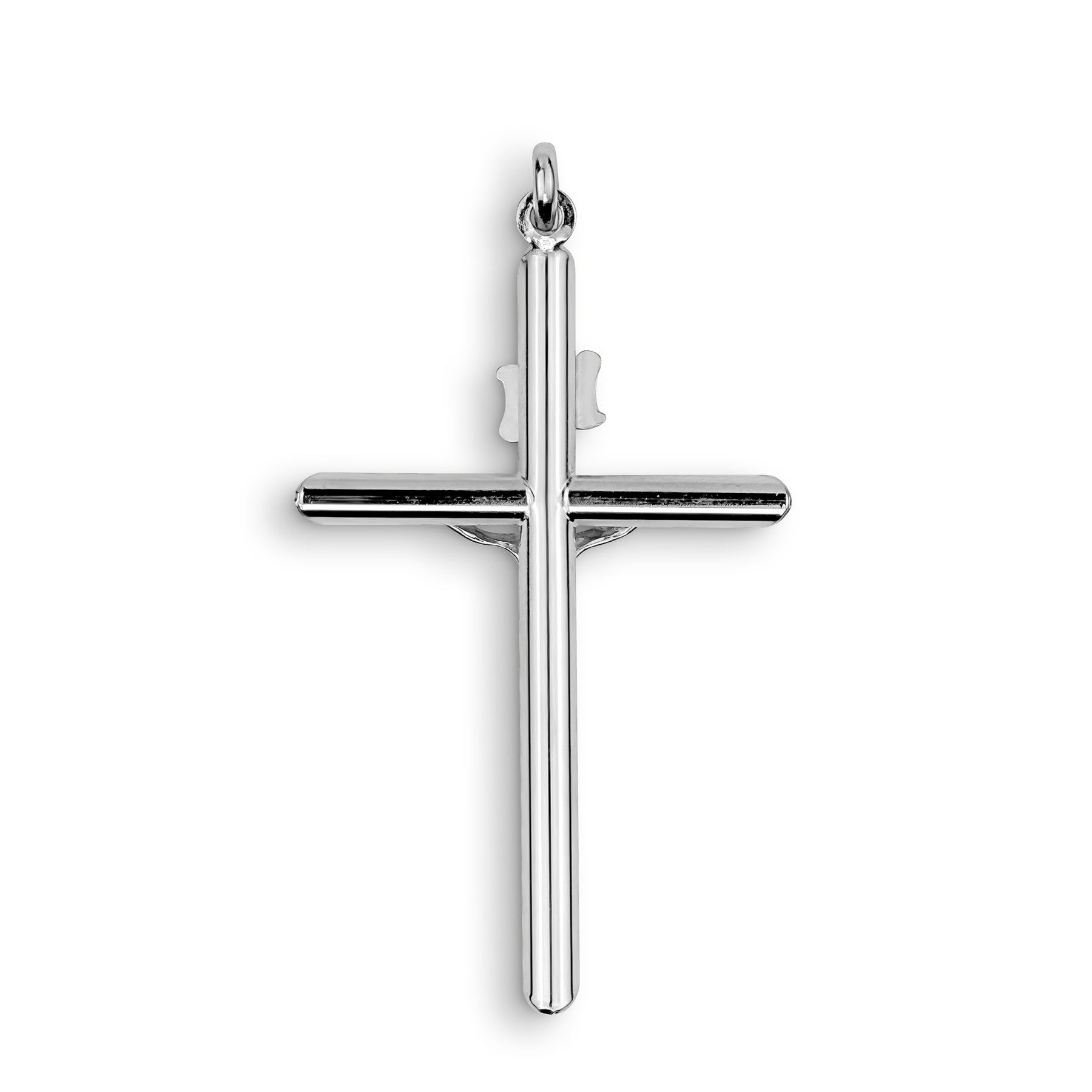 White gold tubular INRI crucifix pendant flat on a white background.