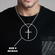 Man wearing a size 5 (60.0mm) white gold tubular INRI crucifix pendant on a black shirt.