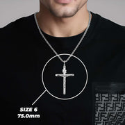 Man wearing a size 6 (75.0mm) white gold tubular INRI crucifix pendant on a black shirt.