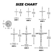 White gold tubular INRI crucifix pendant size chart with dimensions and coin scale.