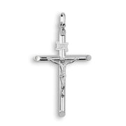 White gold tubular INRI crucifix pendant with detailed Jesus figure on white background.