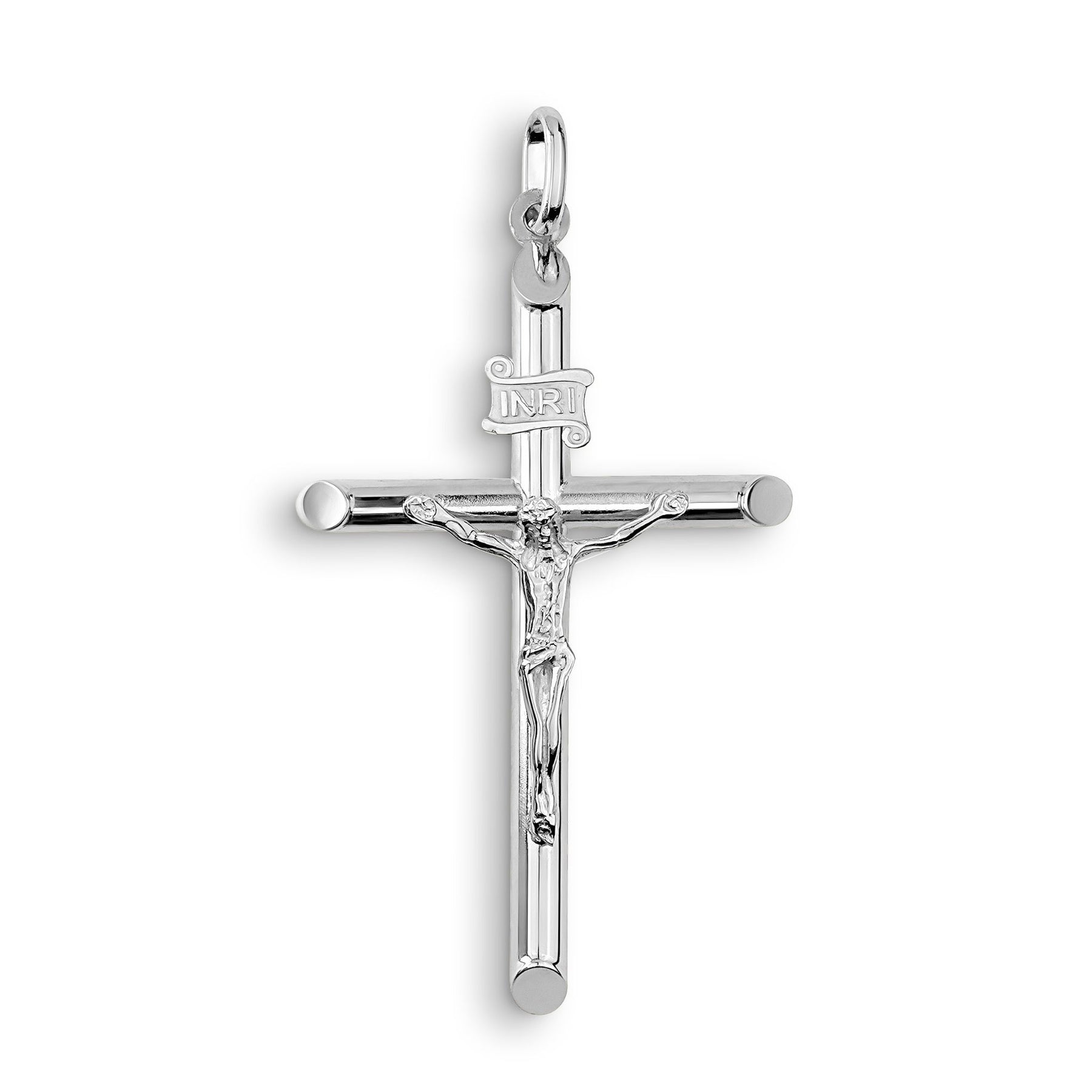 White gold tubular INRI crucifix pendant with detailed Jesus figure on white background.