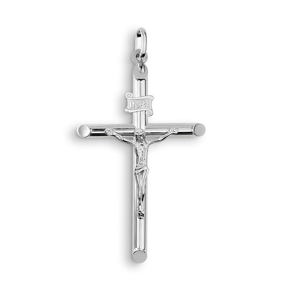 White gold tubular INRI crucifix pendant with detailed Jesus figure on white background.