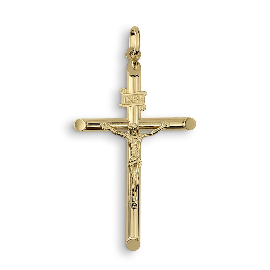 Polished yellow gold tubular INRI crucifix pendant featuring a detailed Jesus figure on a white background.