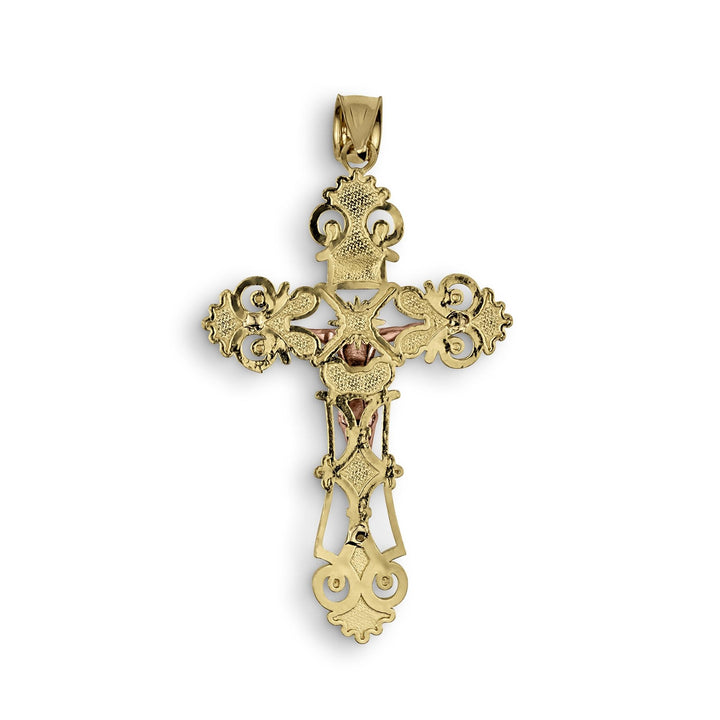 Rear view of two-tone gold crucifix pendant, showing polished surface and solid construction.
