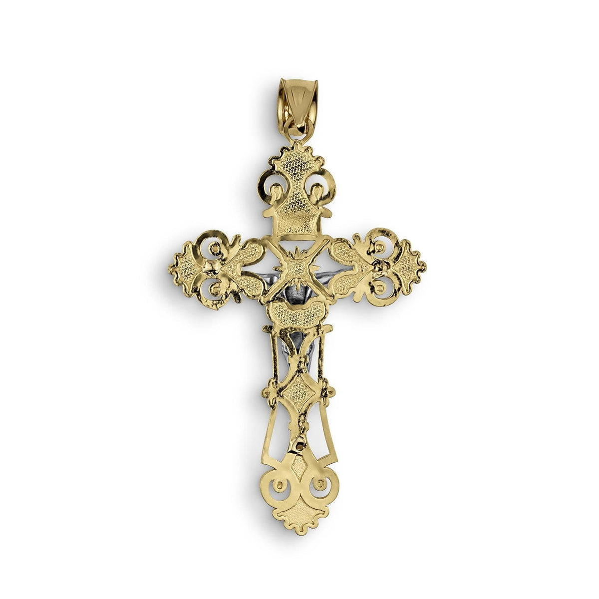 Back view of two-tone gold INRI crucifix pendant charm isolated on white backdrop.