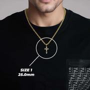 Man wearing black t-shirt modeling Size 1 25.0mm gold INRI crucifix pendant necklace.