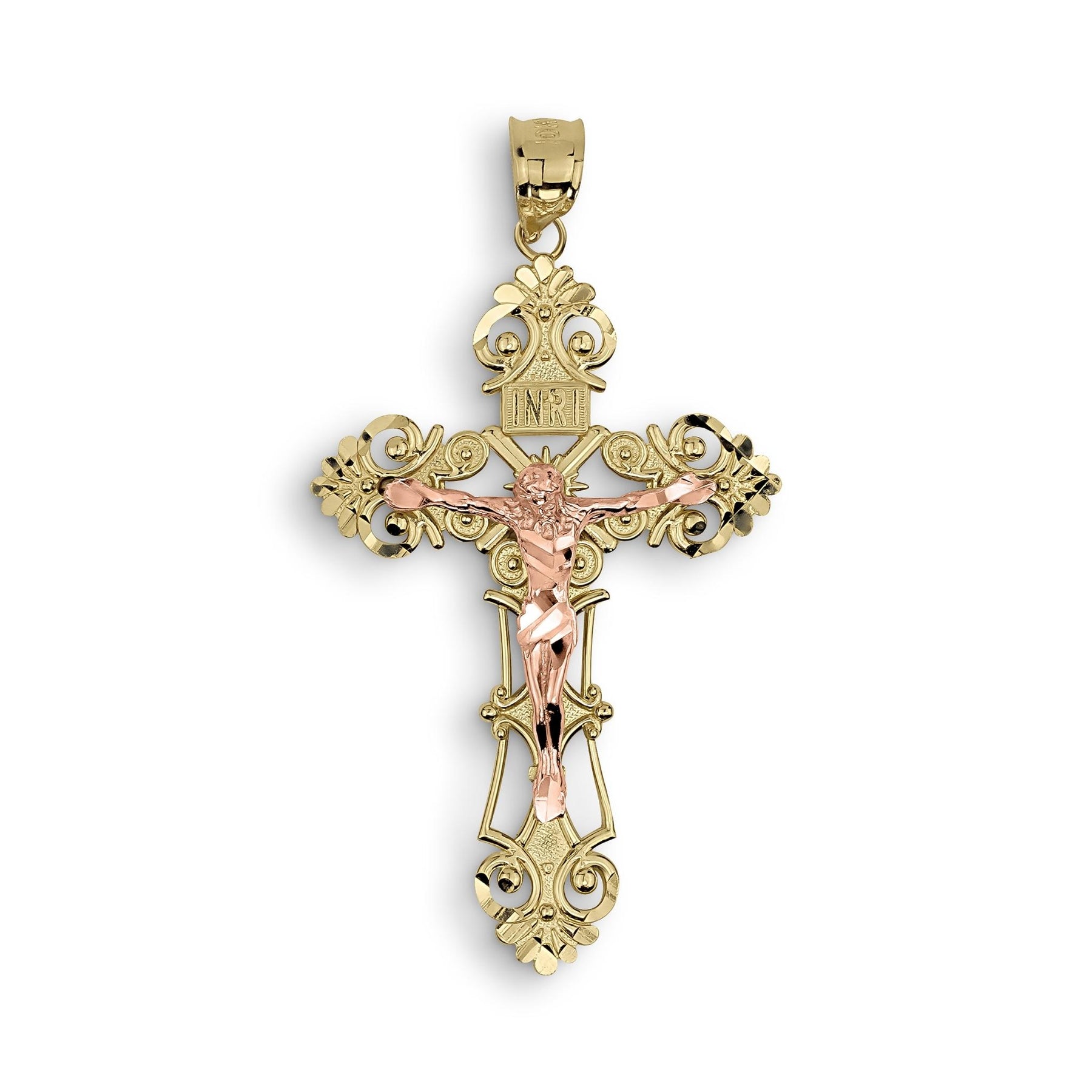 Front view of a two-tone 10k or 14k gold and rose gold INRI crucifix pendant on white.