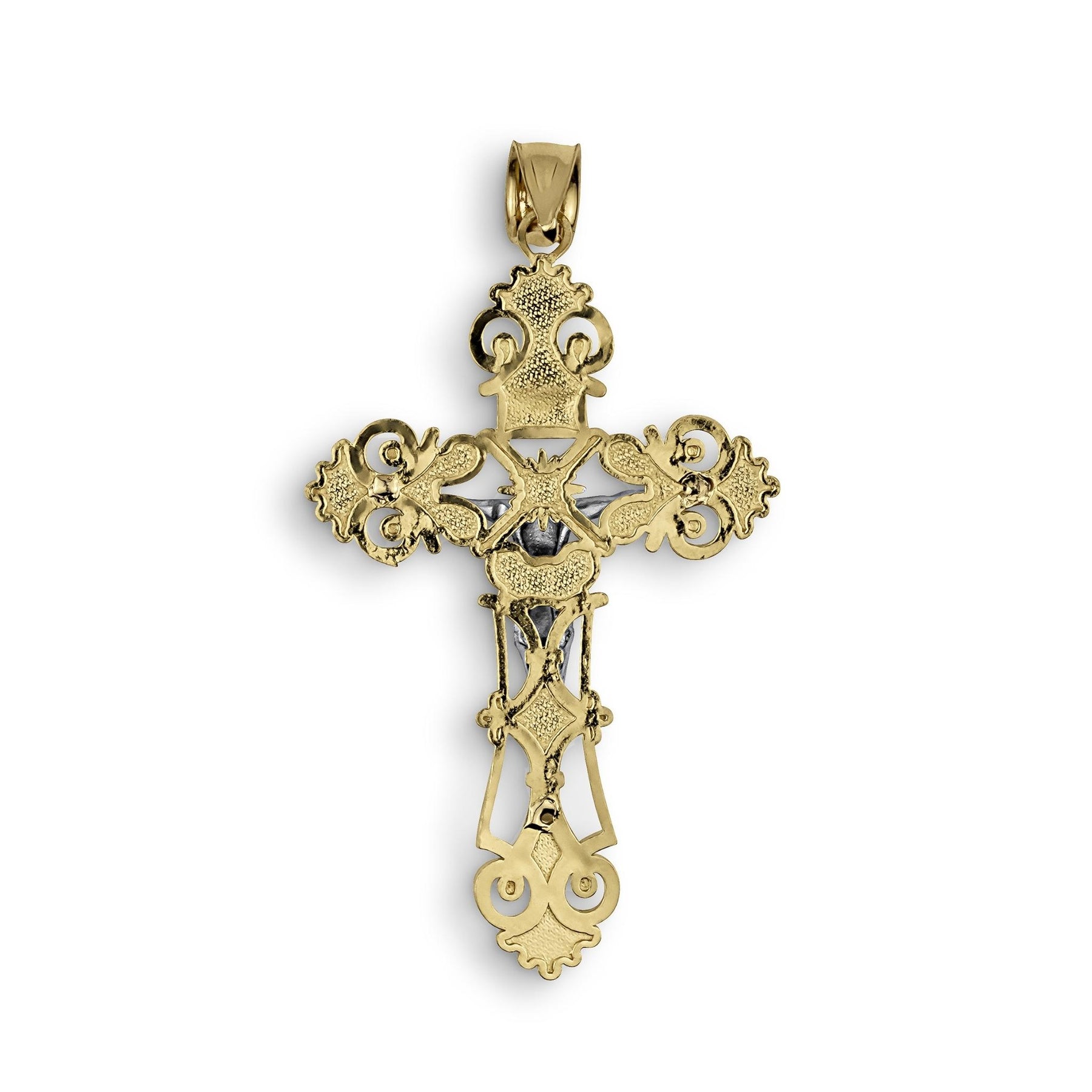 Back view of a two-tone 10k or 14k gold and rose gold ornate crucifix pendant on white.