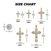 Size chart graphic showing five gold-tone cross pendants with millimeter and inch measurements.