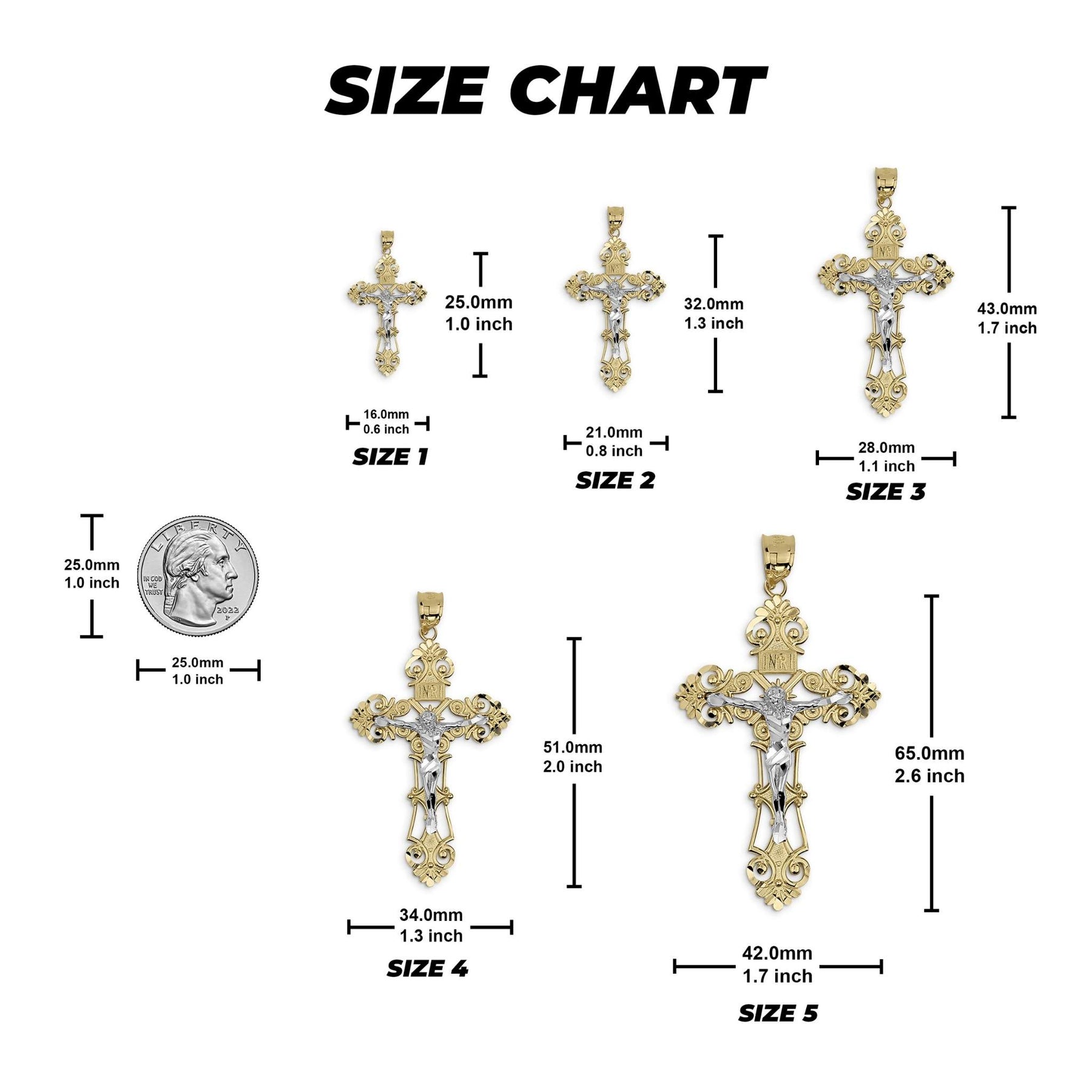 Size chart graphic showing five gold-tone cross pendants with millimeter and inch measurements.