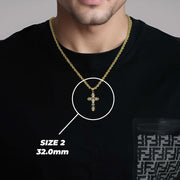 Man wearing a size 2 gold cross pendant necklace with a size label reading 32.0mm.