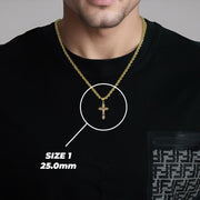 Man wearing the Size 1 (25.0mm) gold cross pendant necklace with size overlay.
