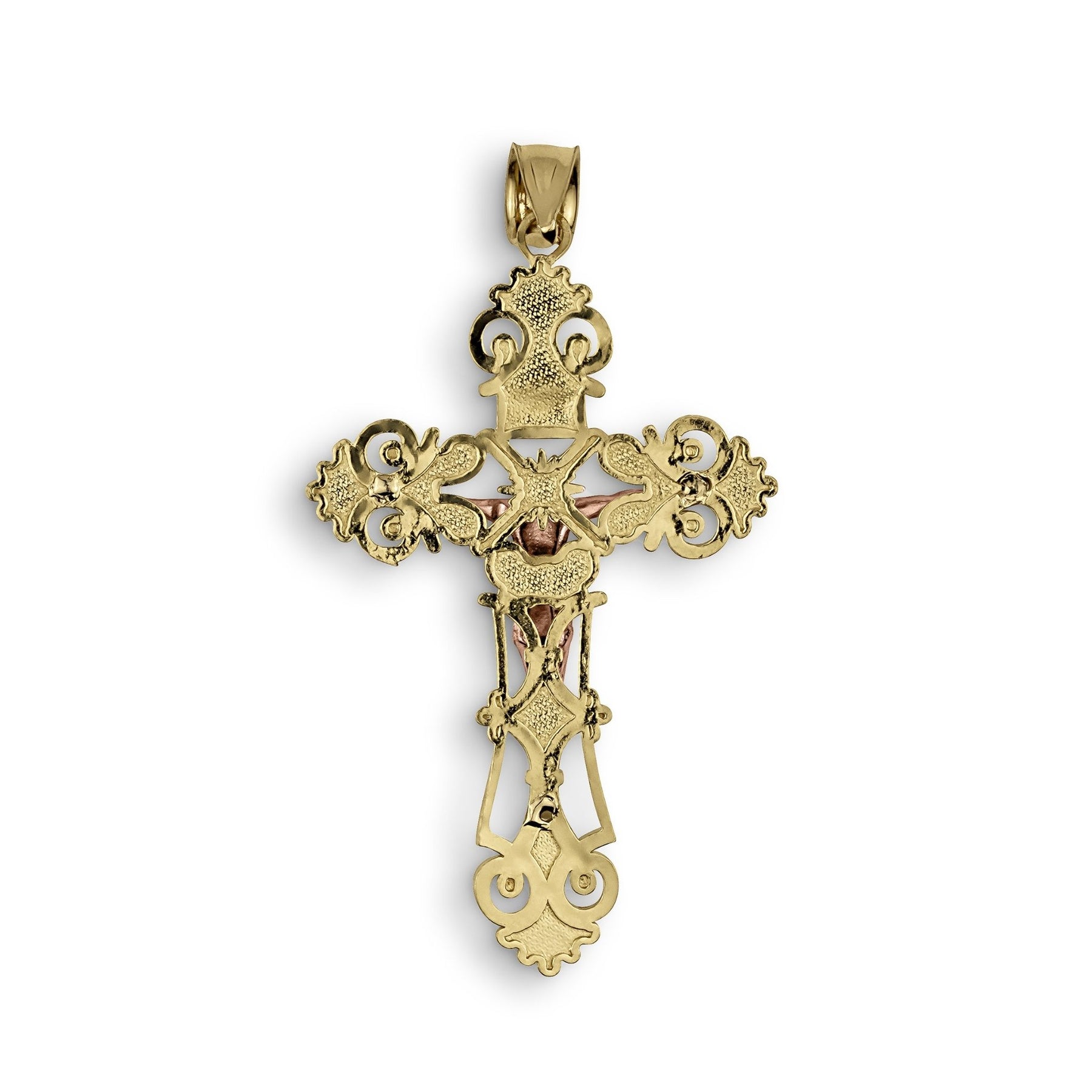 Plain, smooth back surface of the two-tone crucifix pendant, highlighting the solid bail.