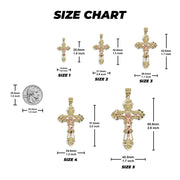 Size chart comparing five INRI cross pendant sizes with millimeter and inch measurements.
