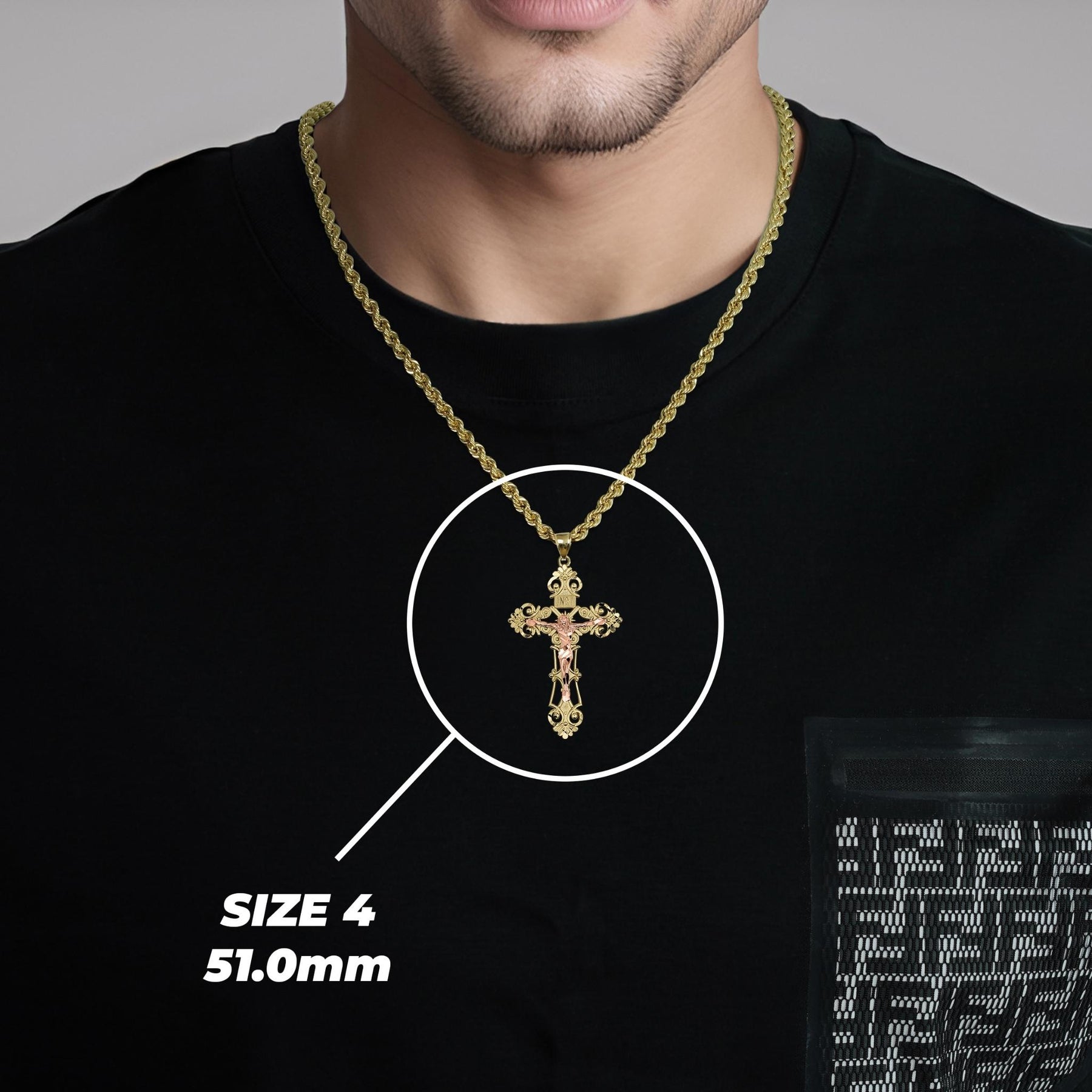 Man wearing the Size 4 (51.0mm) gold cross pendant necklace with size overlay.