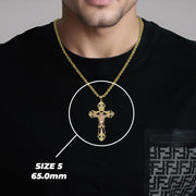 Man wearing the Size 5 (65.0mm) gold cross pendant necklace with size overlay.