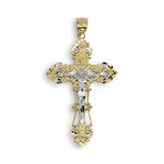 Front view of a two-tone 10k or 14k gold INRI crucifix pendant on white.