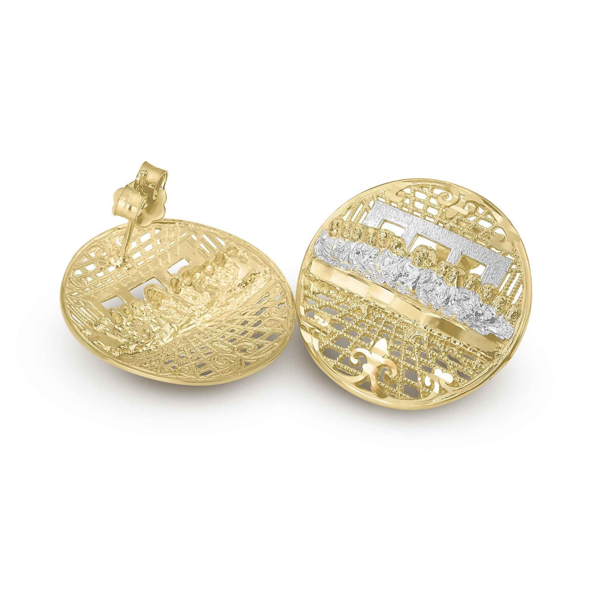 Front and back view of two-tone gold round Last Supper stud earrings.