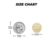 Size chart comparing two-tone gold round Last Supper stud earrings to a US quarter.