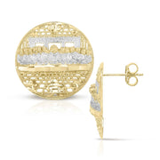 Front and side view of two-tone gold round Last Supper stud earrings.