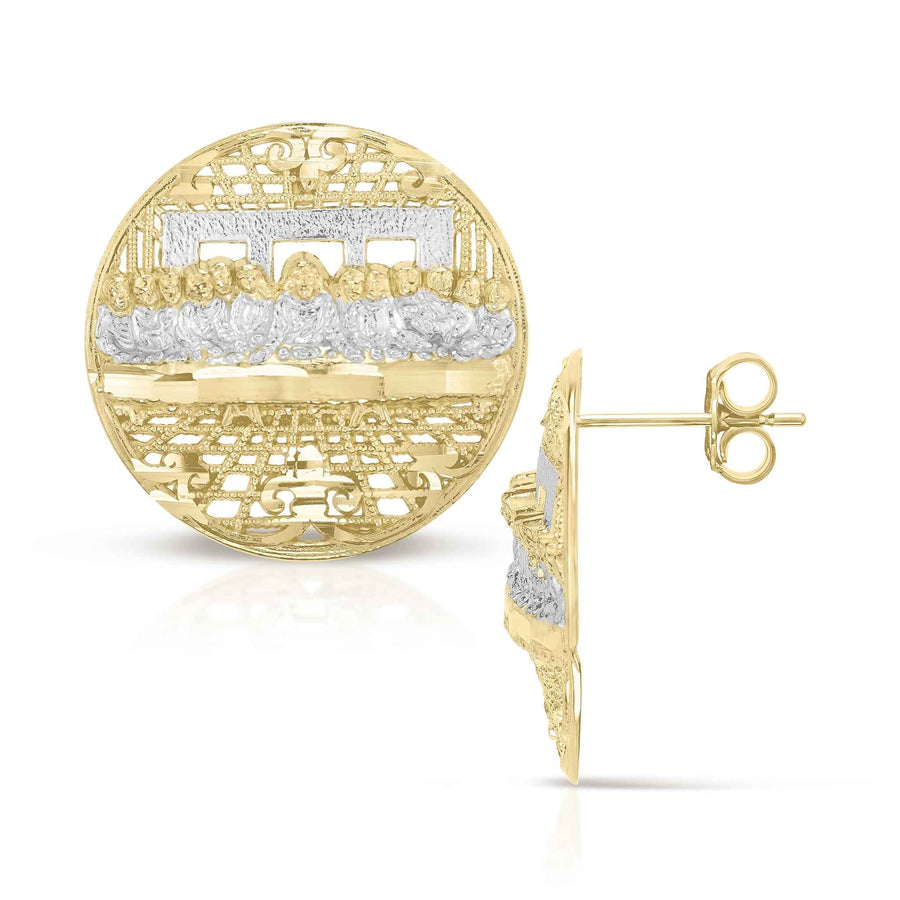 Front and side view of two-tone gold round Last Supper stud earrings.