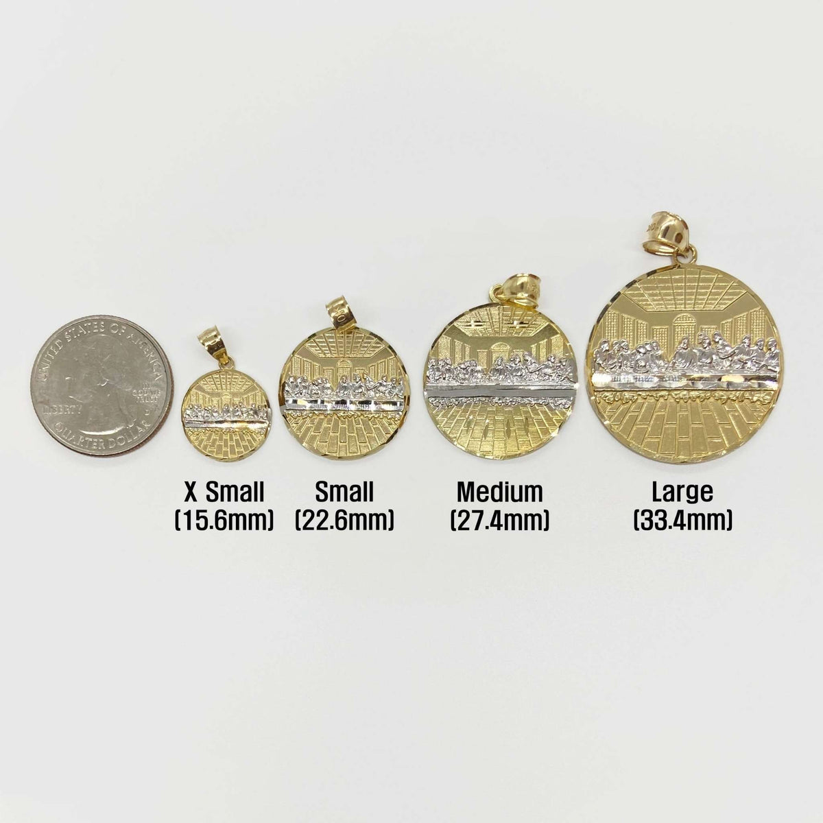 Four Last Supper gold pendant sizes compared to a quarter coin on white background.