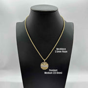 Medium gold Last Supper pendant on 2.5mm rope chain displayed on black mannequin.