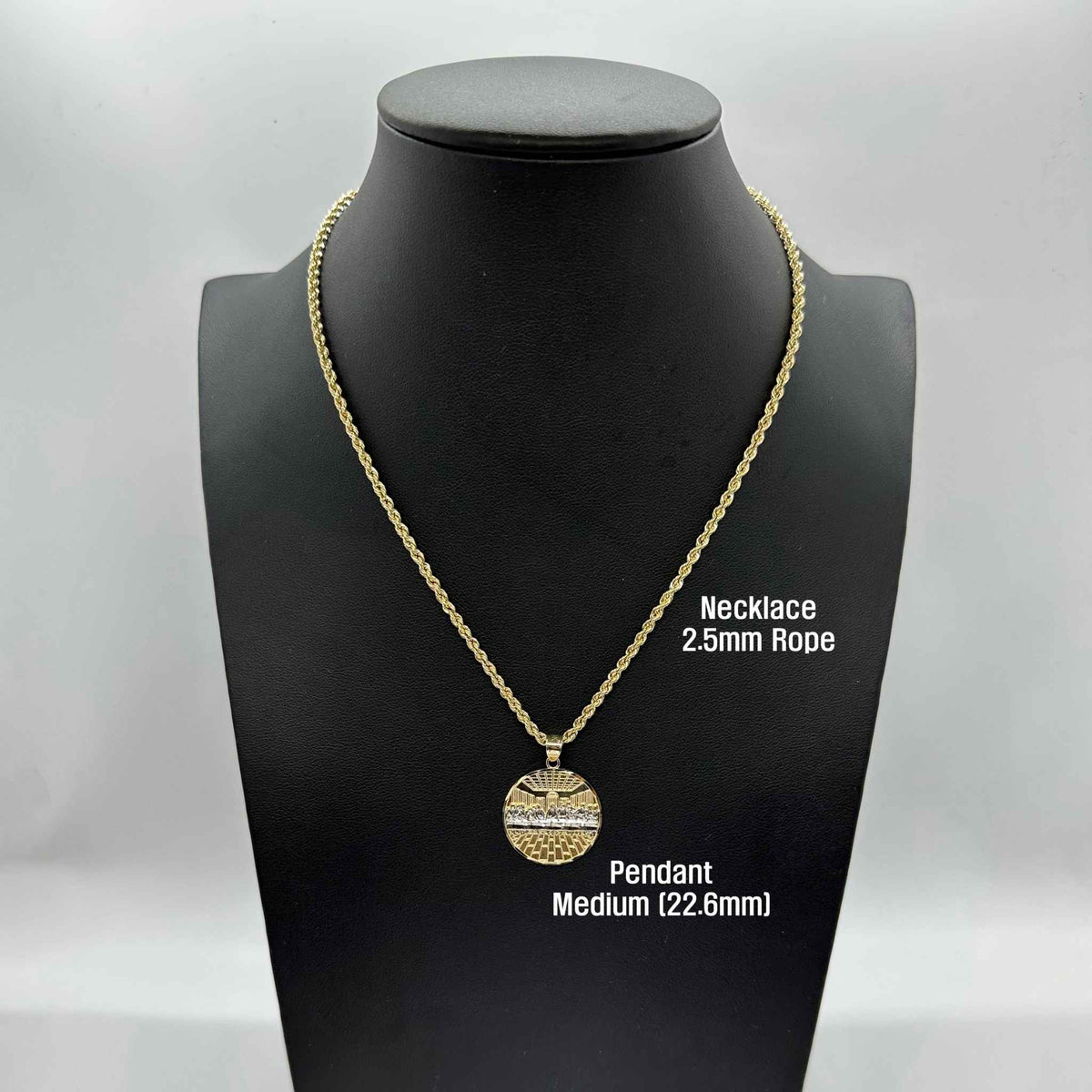 Medium gold Last Supper pendant on 2.5mm rope chain displayed on black mannequin.