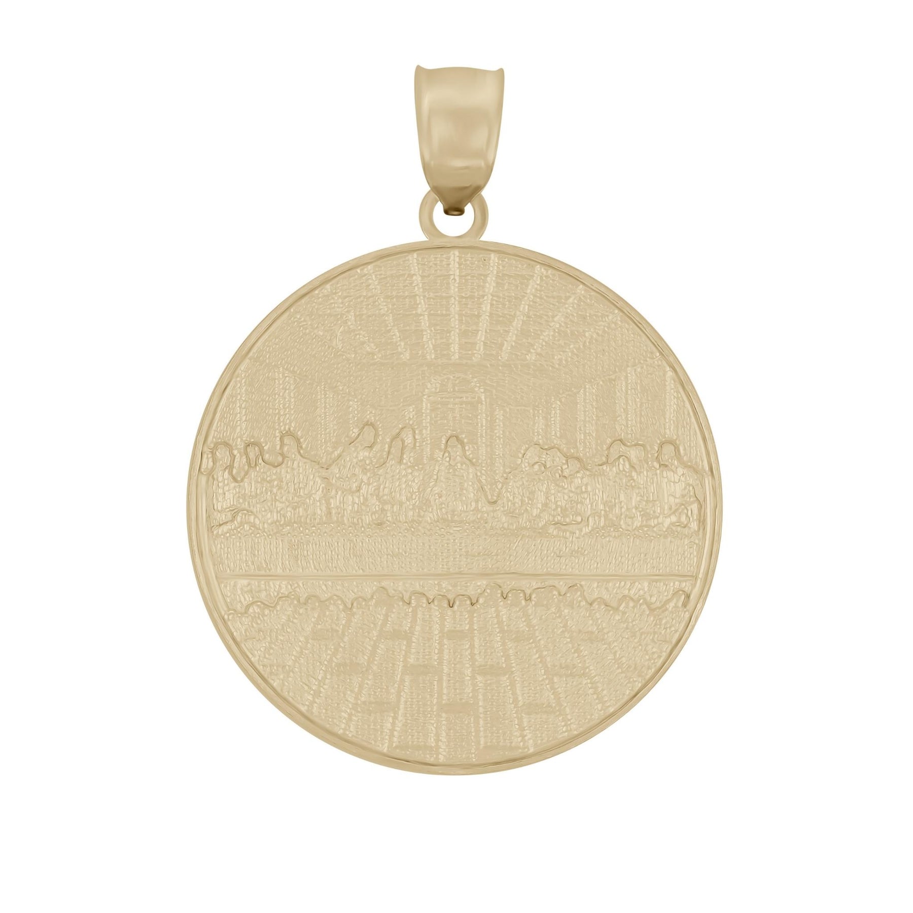 Round gold pendant featuring a plain, polished back surface and top bail.