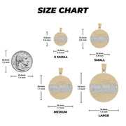Gold Last Supper pendant size chart comparing dimensions for X-Small, Small, Medium, and Large.