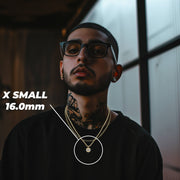 Man wearing the X-Small 16.0mm gold Last Supper pendant necklace.