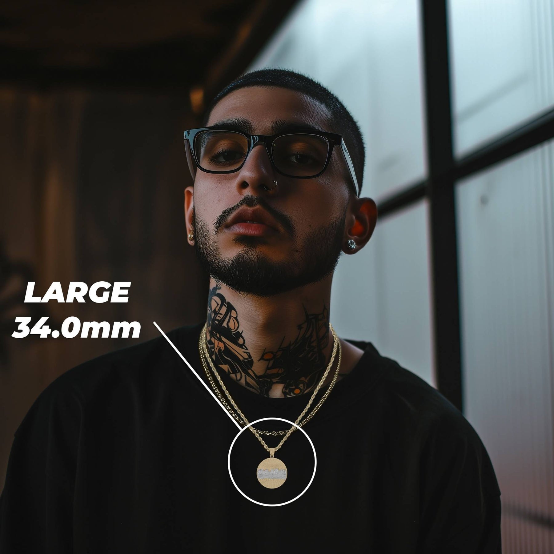 Man wearing the Large 34.0mm gold Last Supper pendant necklace.