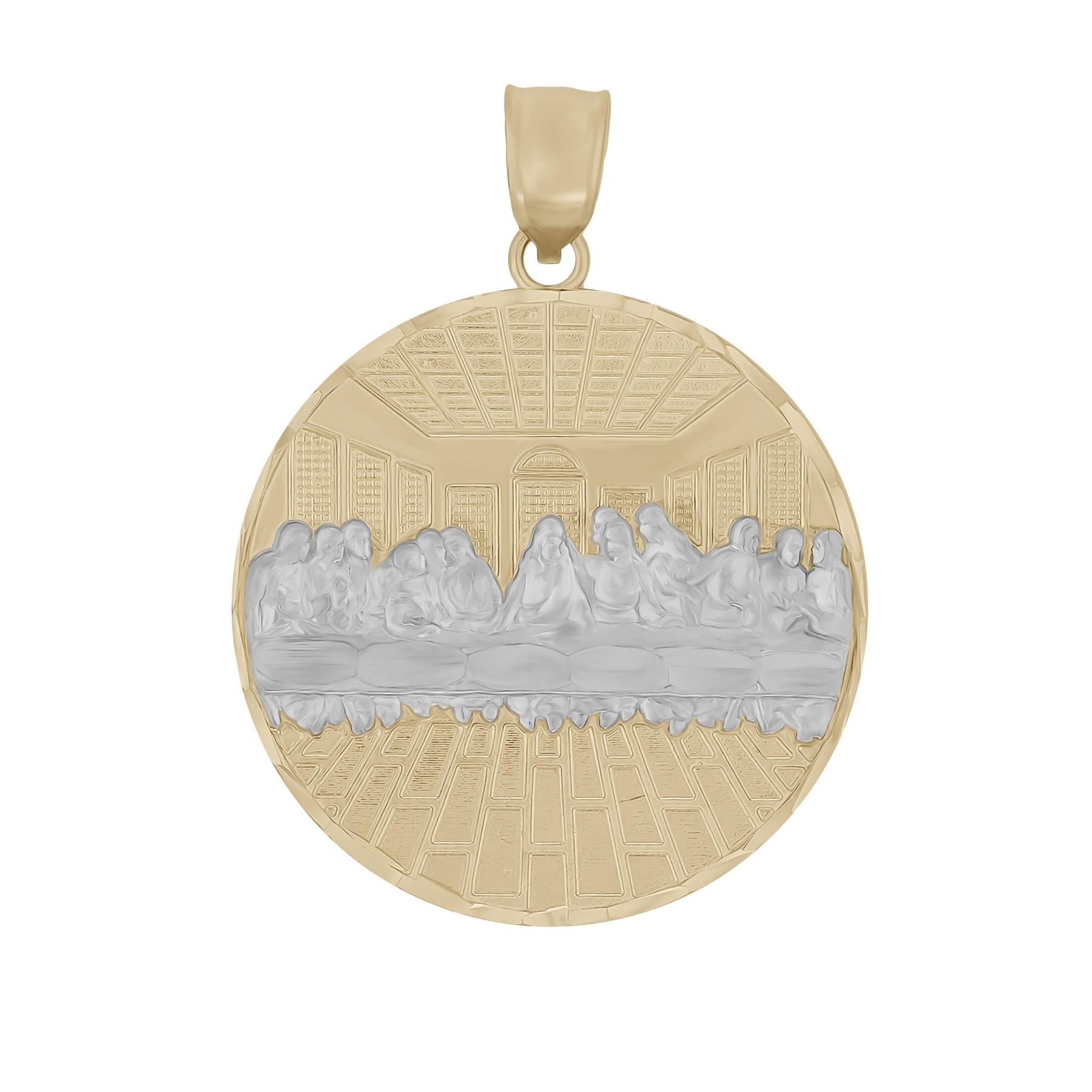 Two-tone gold Last Supper round pendant with polished silver-toned center and bail.